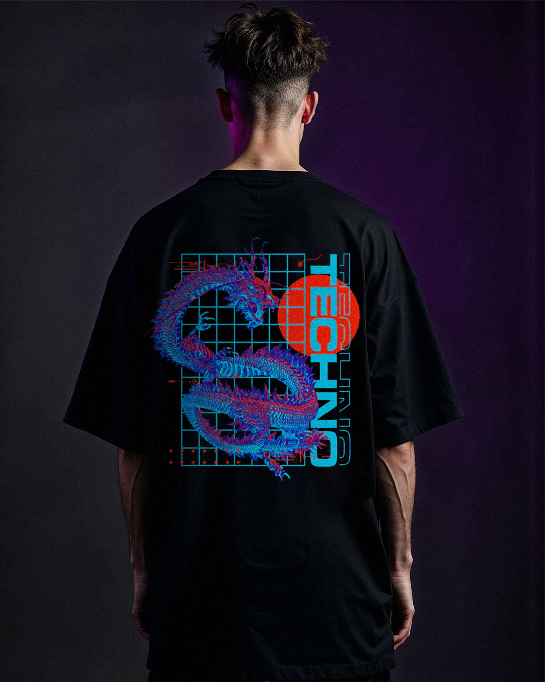 Blue Techno Dragon Oversized Back Patch T-Shirt