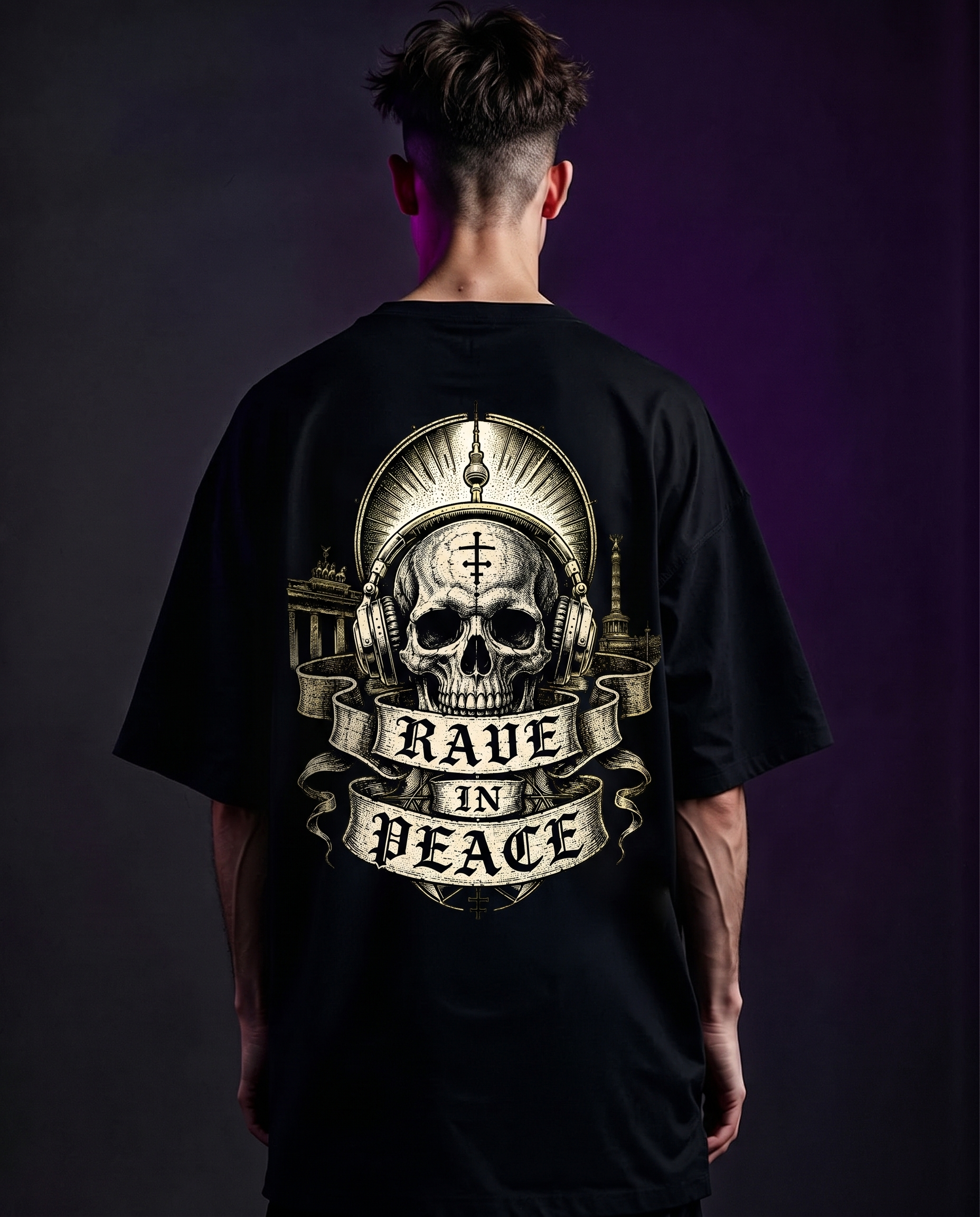 RAVE IN PEACE SKULL - OVERSIZED TECHNO SHIRT - BACKPRINT