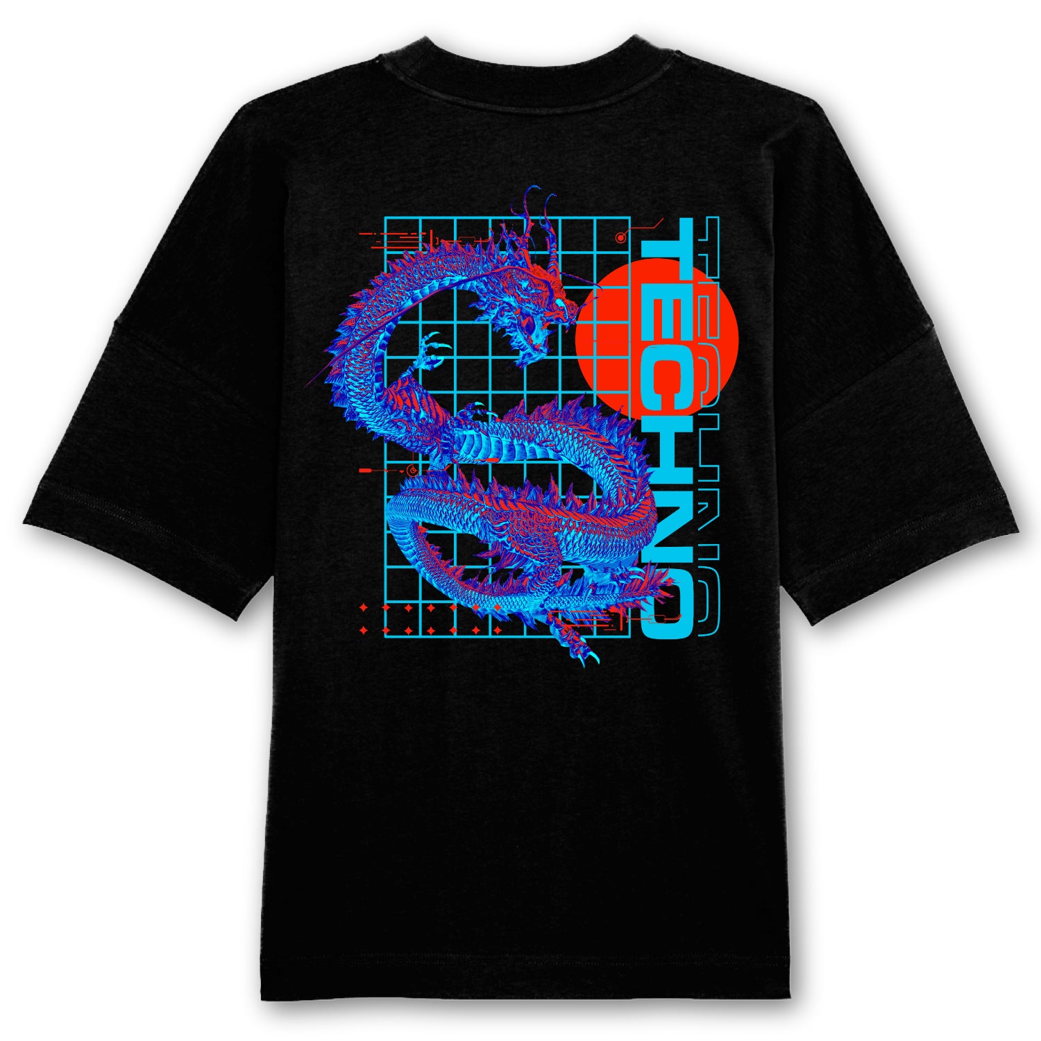 Blue Techno Dragon Oversized Back Patch T-Shirt